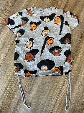 Women’s Grey Graphic Faces Drawstring Tee